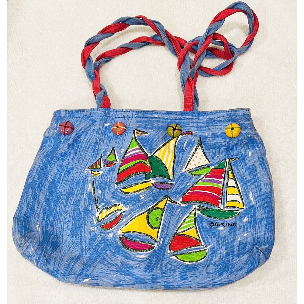 Sally Huss Nautical Sailboat Tote Bag Canvas Rope Handle Beach Shoulder Purse